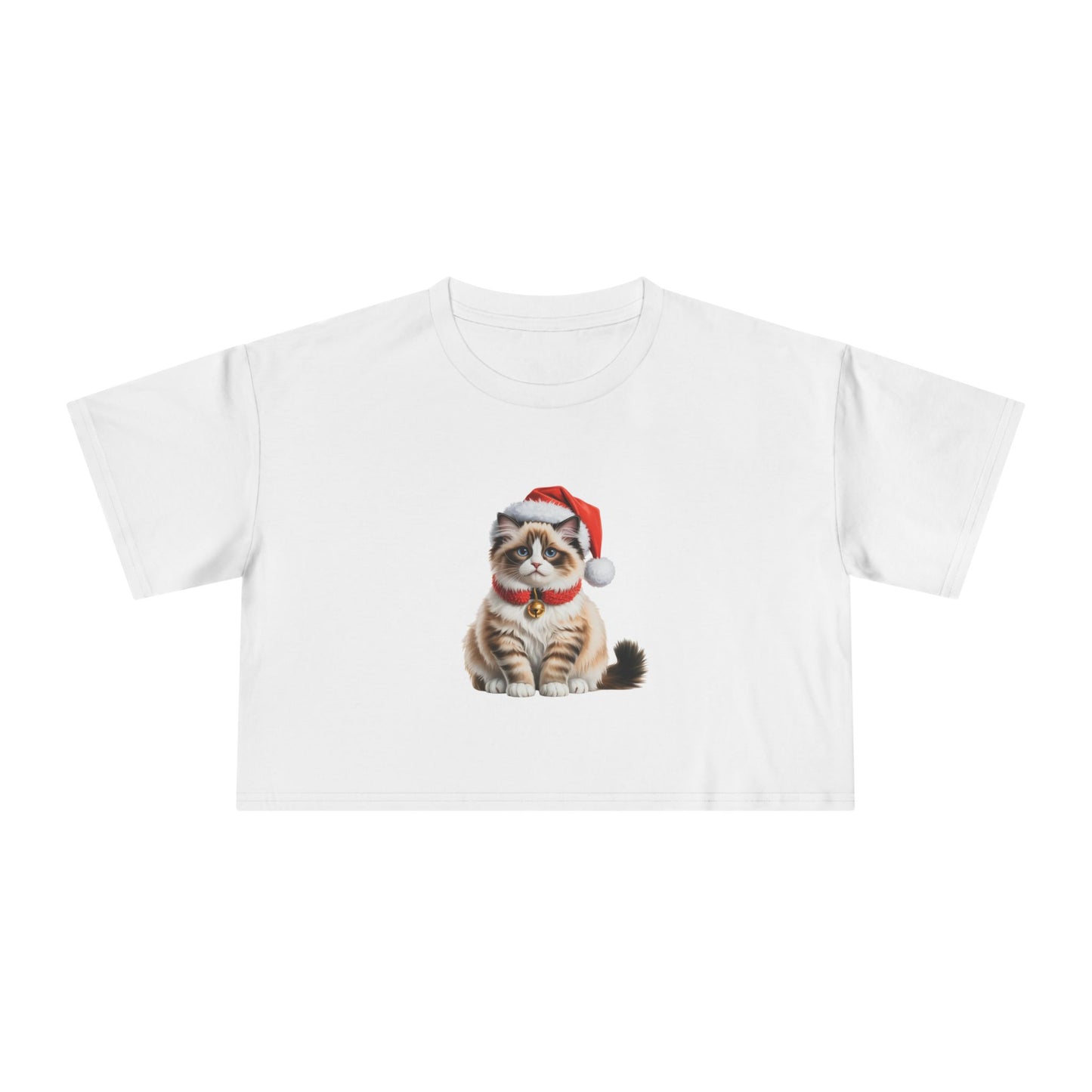 Christmas Ragdoll Cat Crop Tee — Cute Ragdoll with Santa Hat Holiday Top