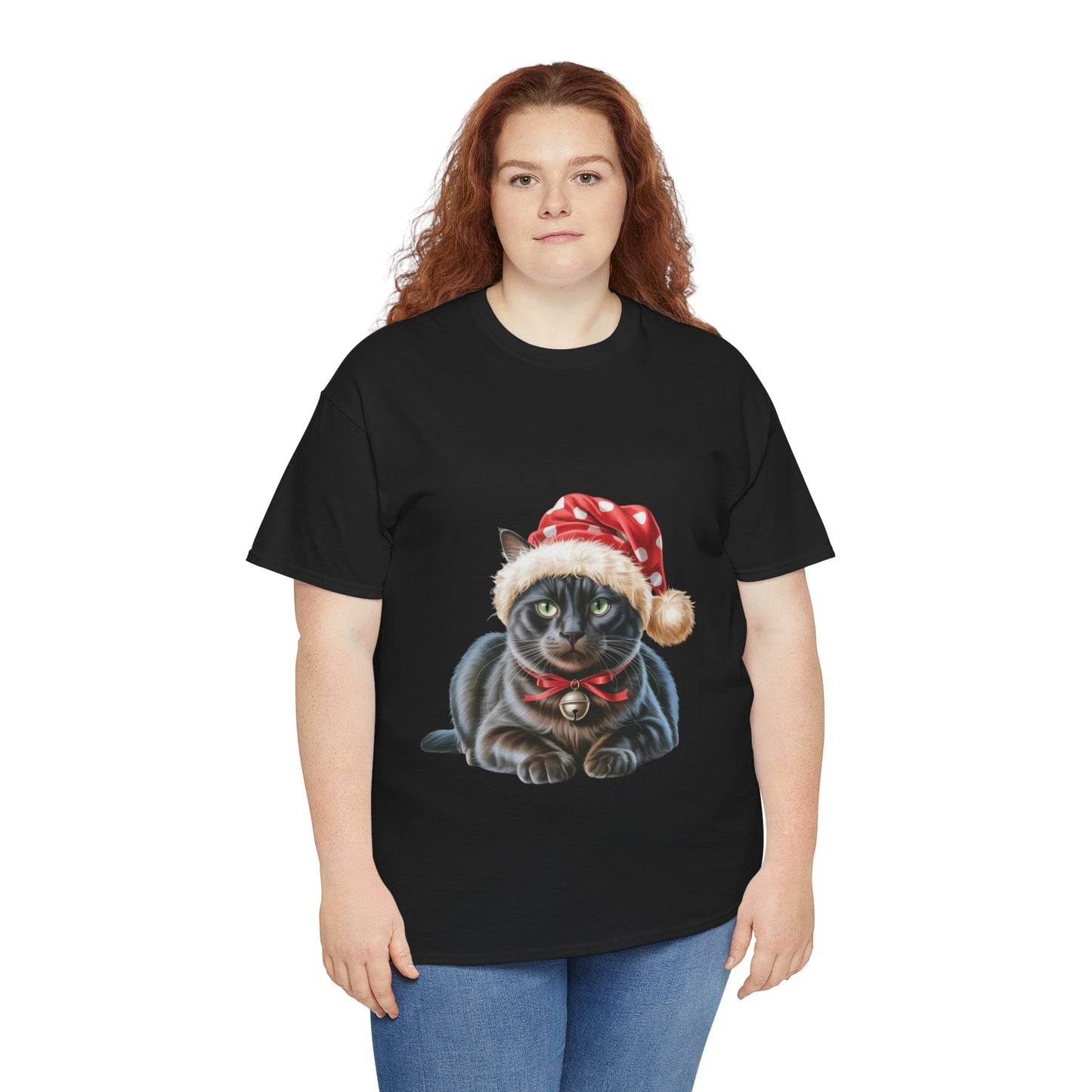 Black Cat in Santa Hat T-Shirt — Cute Christmas Black Cat Holiday Tee