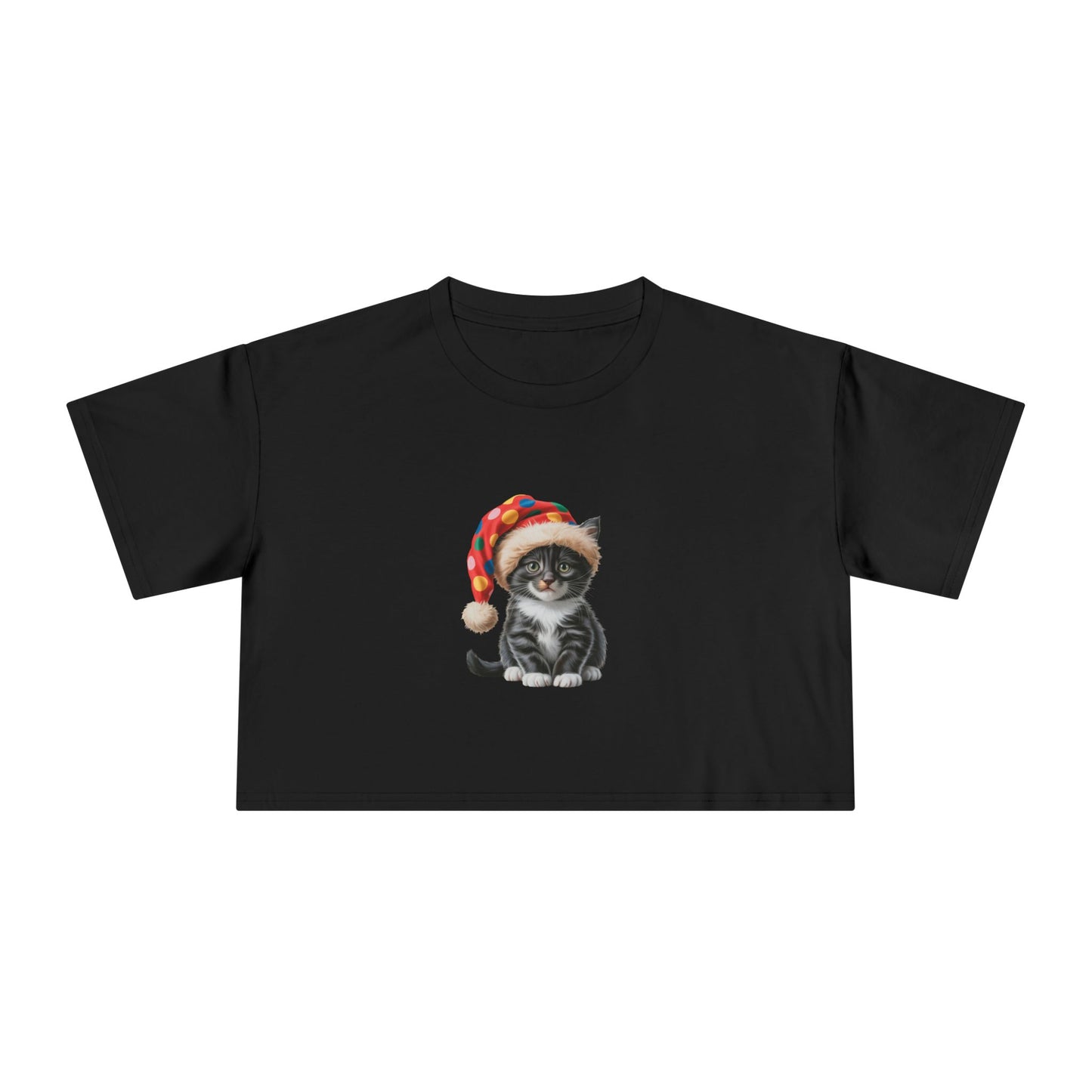 Cat in Santa Hat Crop Tee — Cute Holiday Kitten Graphic Top