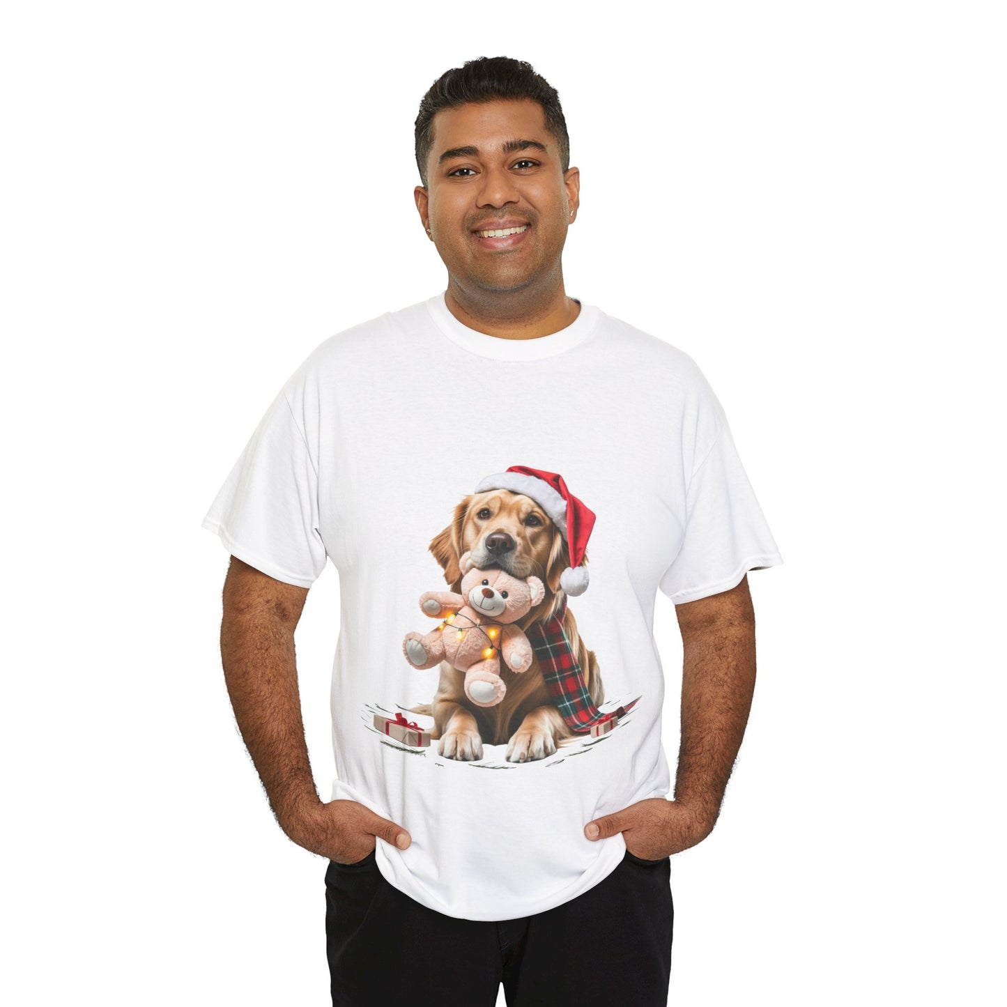 Christmas Puppy T‑Shirt — Dog in Santa Hat Hugging Teddy Holiday Tee