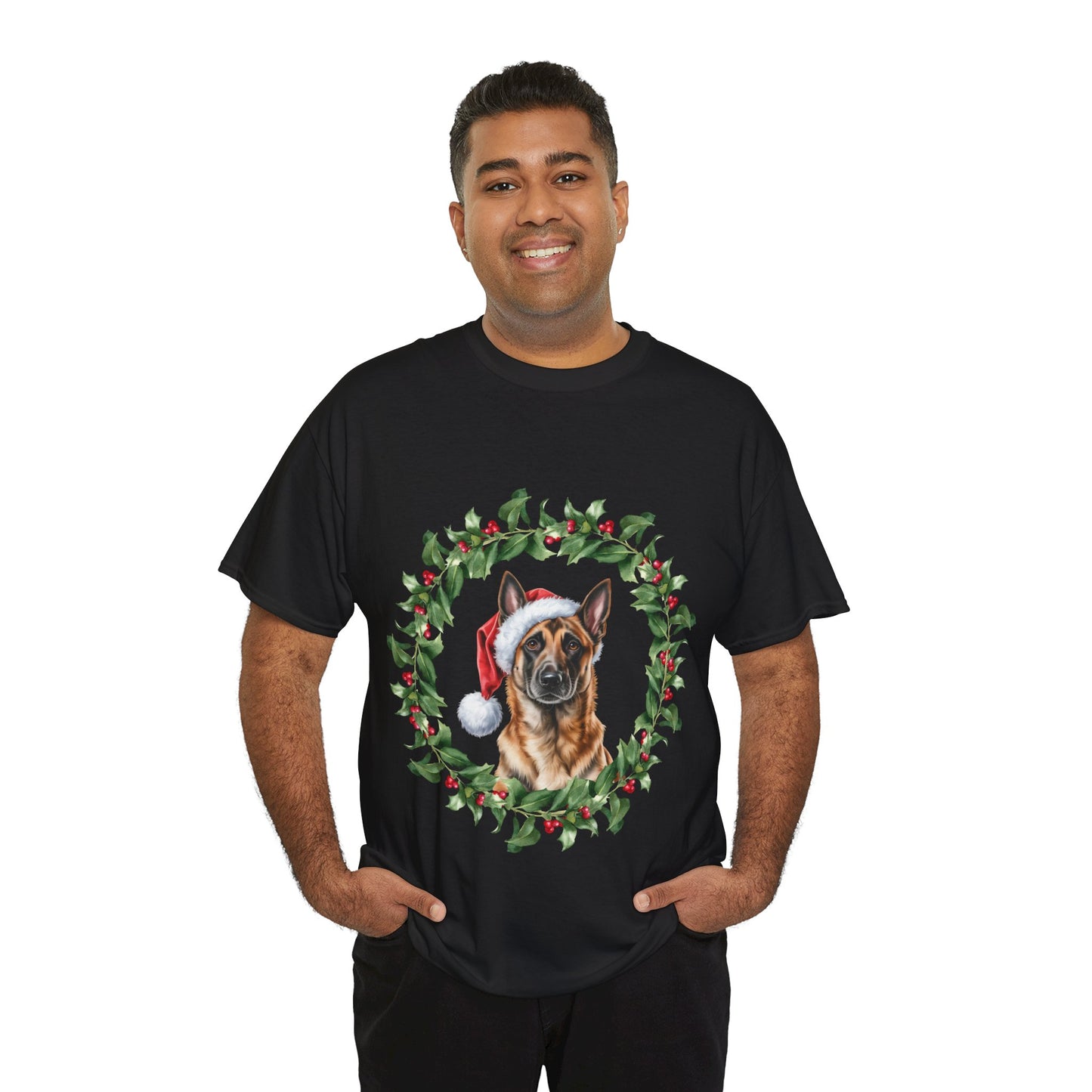 Belgian Malinois Christmas Wreath T-Shirt, Festive Belgian Malinois Dog Christmas Tee, Cute Pet Lover Shirt, Holiday Apparel, Great Gift for Dog Owners