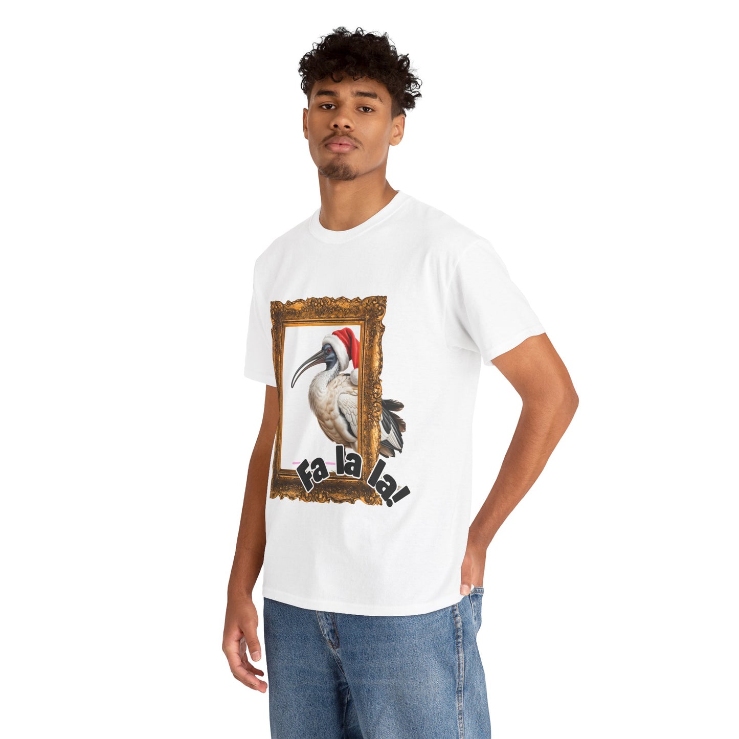 T-Shirt — Christmas Ibis in Gold Frame “Fa la la!” Holiday Tee