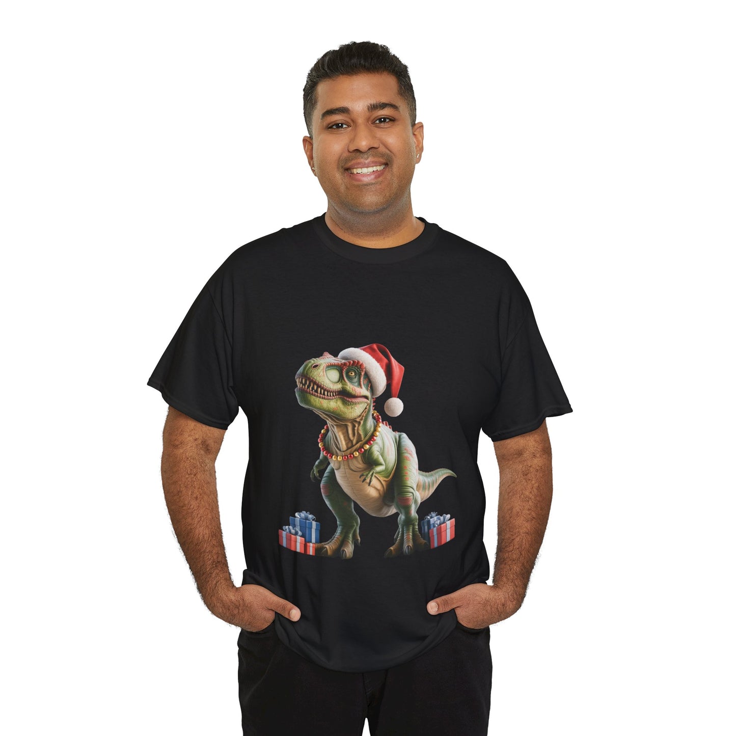 Christmas T-Rex T-Shirt — Festive T-Rex in Santa Hat with Presents