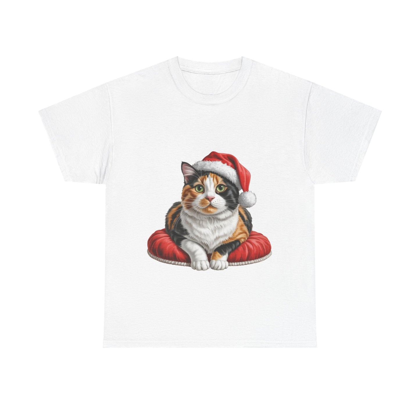 Calico cat on a cushion Christmas T-Shirt, Festive calico Cat Christmas Tee, Cute Pet Lover Shirt, Holiday Apparel, Great Gift for Pet Owners