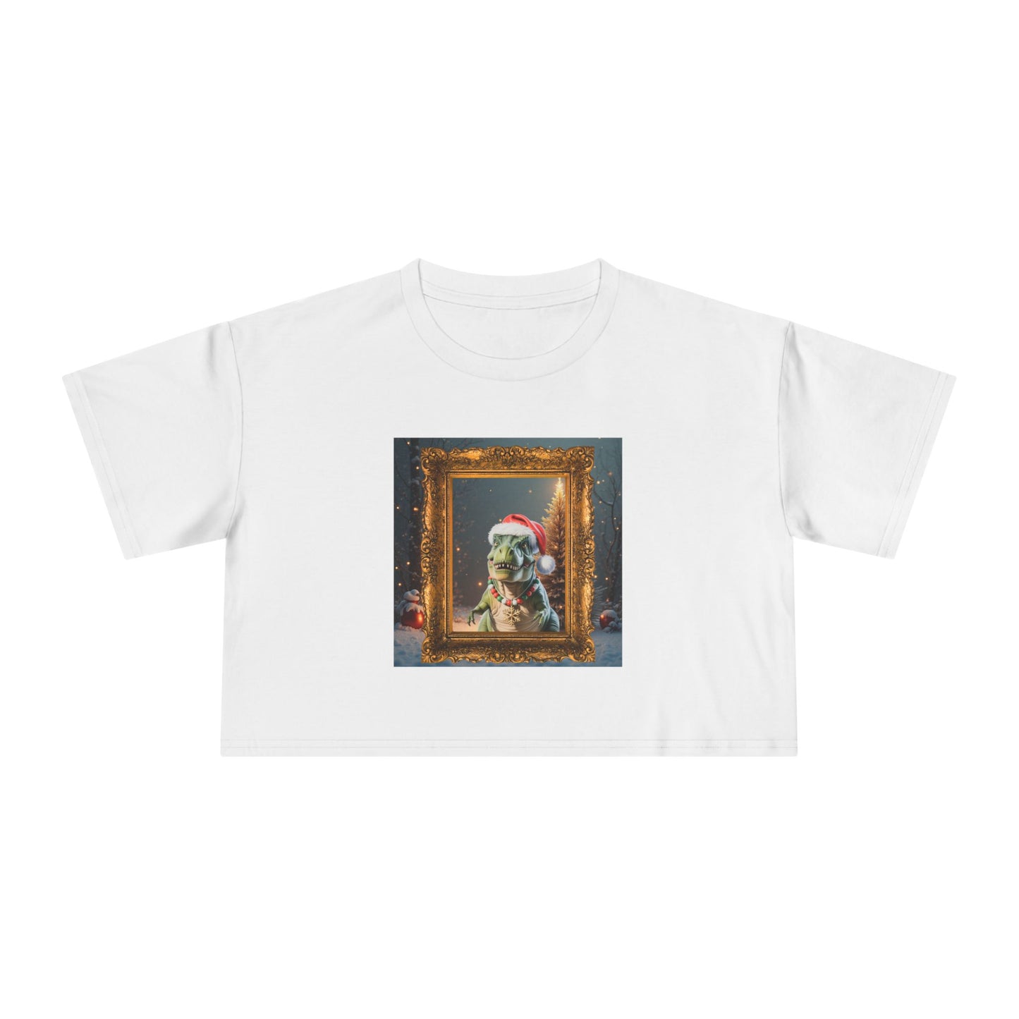 Holiday Dinosaur Portrait Crop Tee — Cute Dinosaur in Santa Hat Graphic