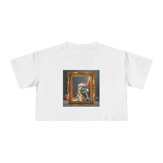 Holiday Dinosaur Portrait Crop Tee — Cute Dinosaur in Santa Hat Graphic