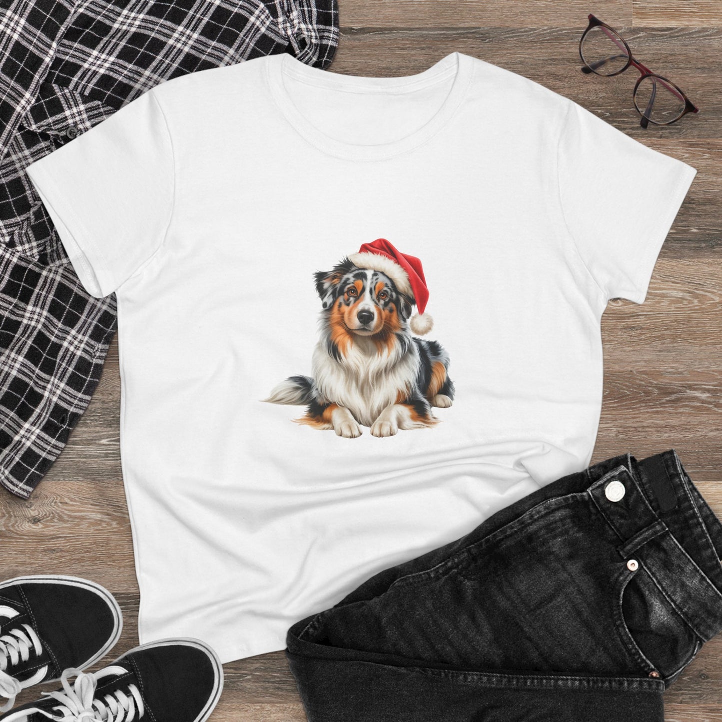 Santa's little Aussie Shepherd T-Shirt, Festive Aussie Shepherd Dog Christmas Tee, Cute Pet Lover Shirt, Holiday Apparel, Great Gift for Dog Owners, Preppy Style Top