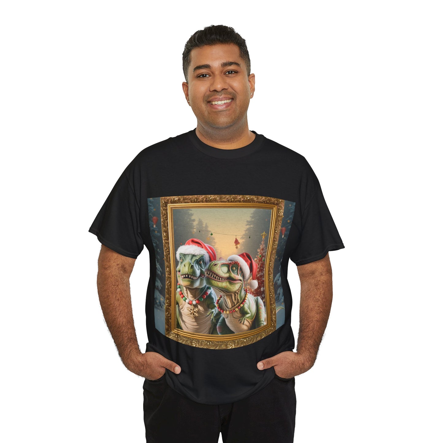T-Shirt — Vintage Christmas T-Rexes in Santa Hats Holiday Graphic Tee