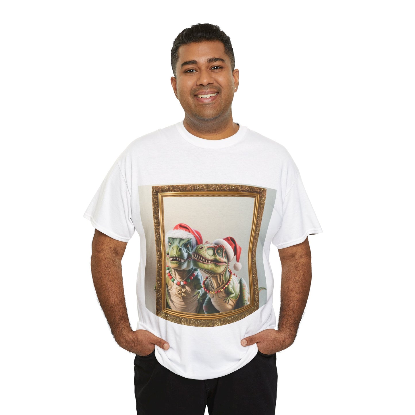 Christmas Mr & Mrs T-Rex T-Shirt — Festive T-Rex in Santa Hat with Presents