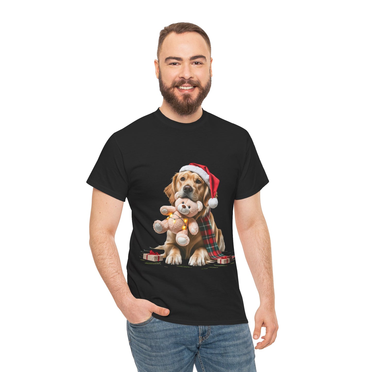 Christmas Puppy T-Shirt – Labrador in Santa Hat Holding Teddy Holiday Tee