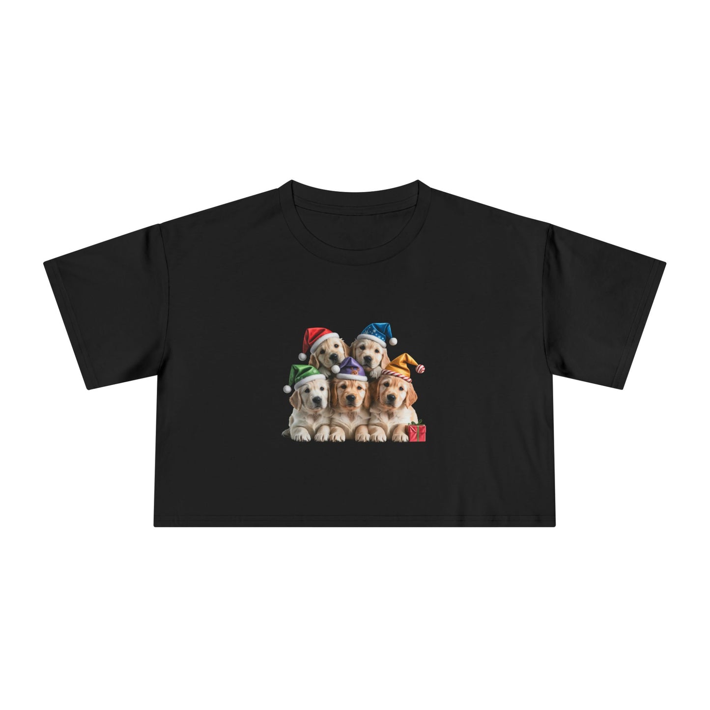 Christmas Puppy Crop Tee — Festive Dogs in Santa Hats