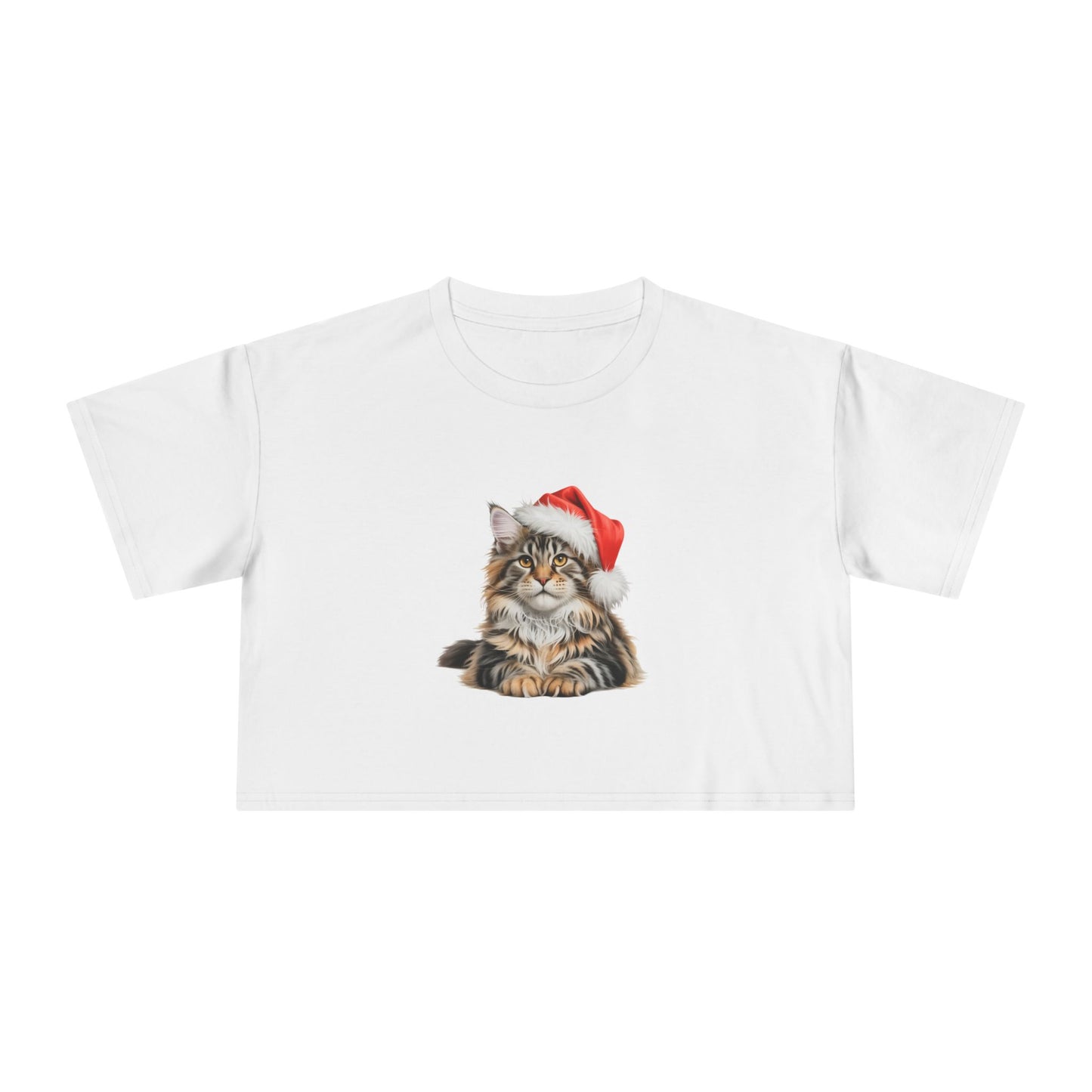 Christmas Maine Coon Crop Tee — Maine Coon Cat Wearing Santa Hat Holiday Top