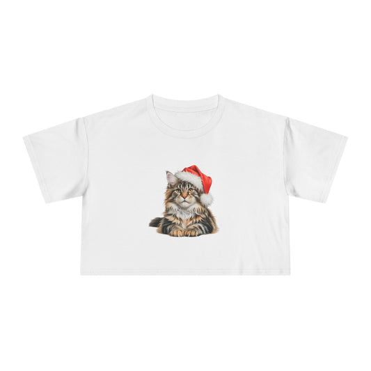 Christmas Maine Coon Crop Tee — Maine Coon Cat Wearing Santa Hat Holiday Top