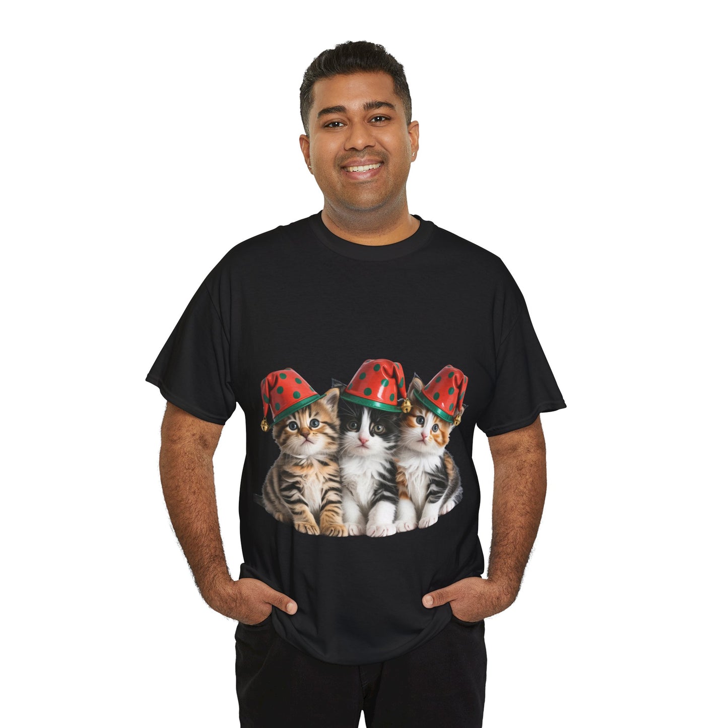 Cat Trio Christmas Tee — Cute Kittens in Santa Hats Holiday T-Shirt
