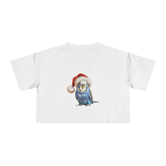 Christmas Budgie Crop Tee — Cute Budgerigar in Santa Hat Holiday Shirt