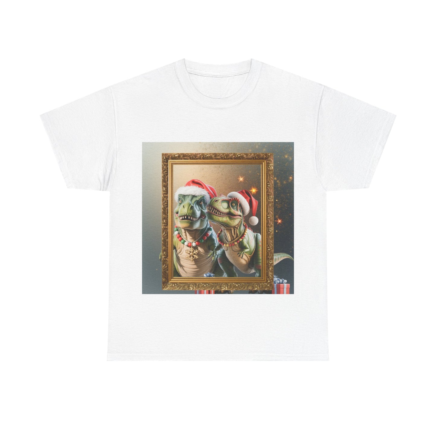 Christmas Mr & Mrs T-Rex T-Shirt — Festive T-Rex in Santa Hat with Presents