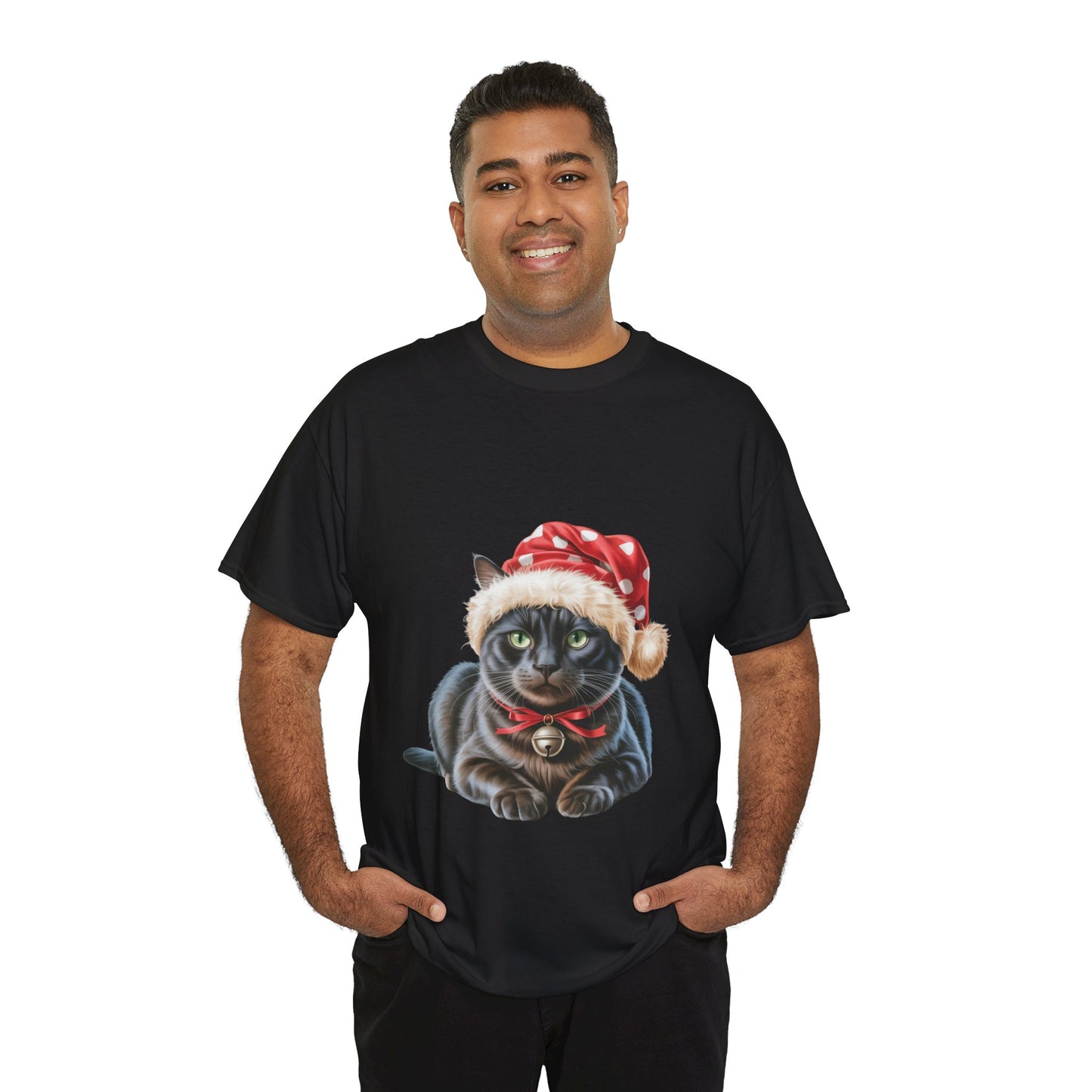 Black Cat in Santa Hat T-Shirt — Cute Christmas Black Cat Holiday Tee