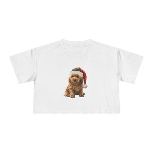 Christmas Cavoodle Crop Tee - Cute Cavoodle Dog in Santa Hat Holiday Top