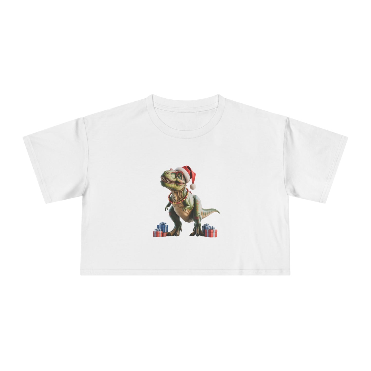 T-Rex Christmas Crop Tee — Festive Dino Holiday Graphic