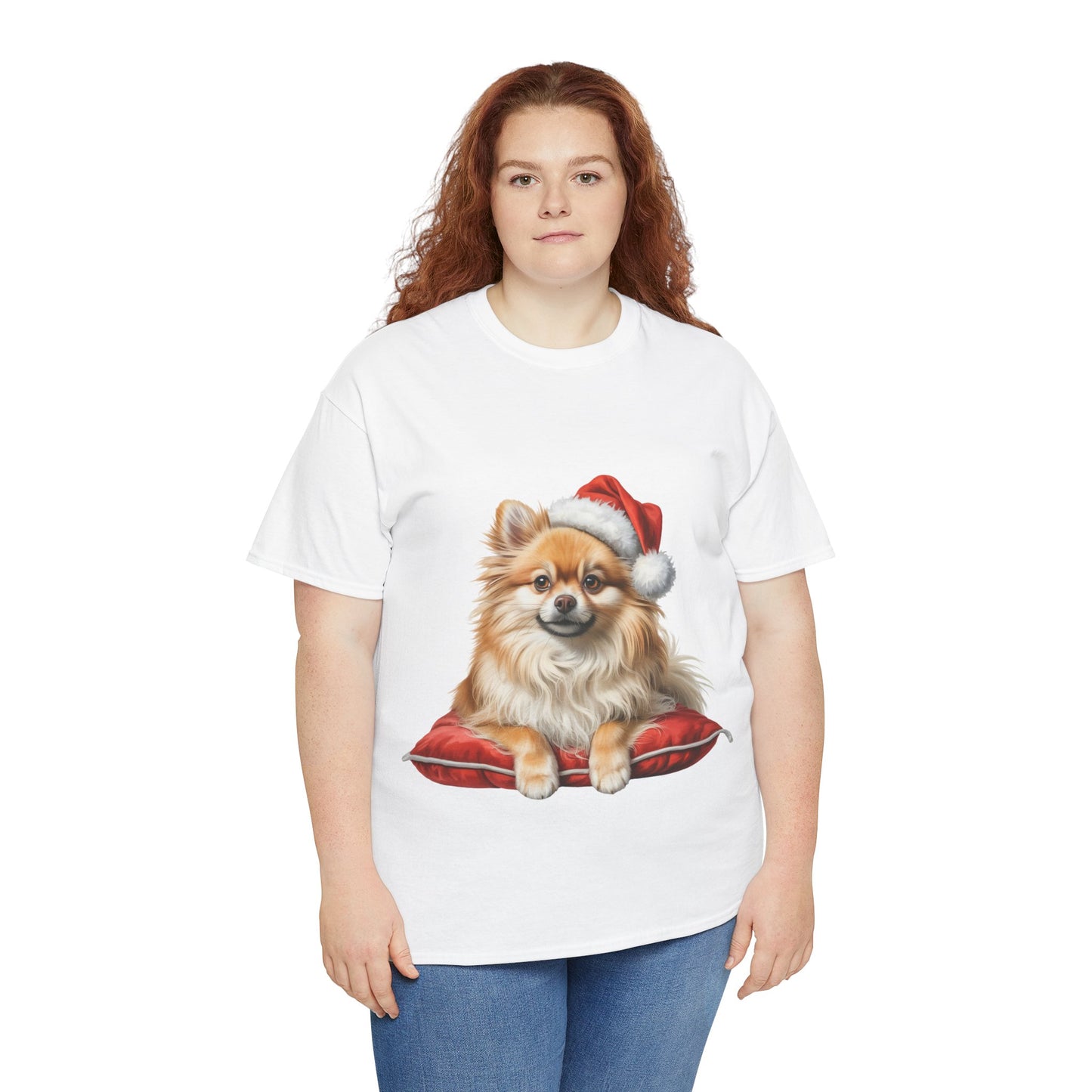 Pomeranian on a cushion Christmas Tee, Cute Pet Lover Shirt, Holiday Apparel, Great Gift for Dog Owners