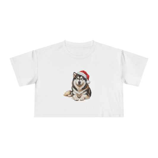 Christmas Malamute Crop Tee — Cute Malamute Dog Santa Hat Women's Crop Top