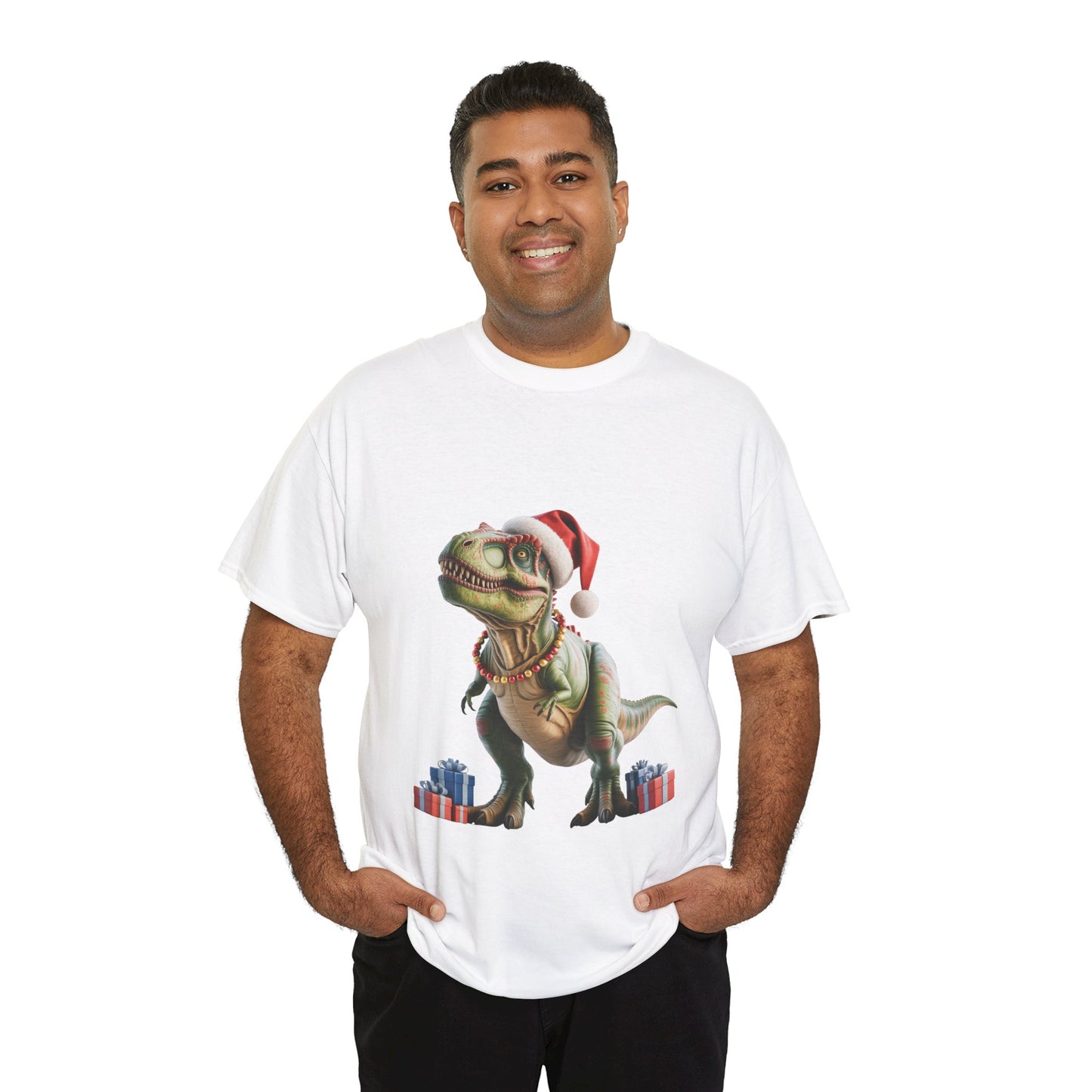 Christmas T-Rex T-Shirt — Festive T-Rex in Santa Hat with Presents