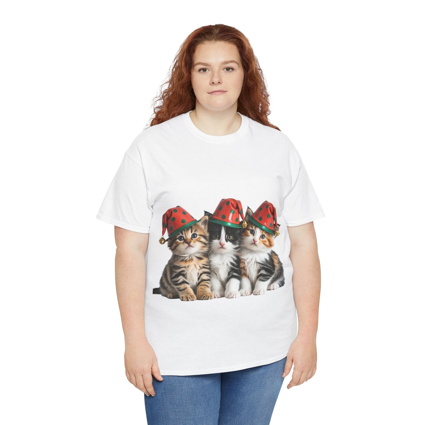 Cat Trio Christmas Tee — Cute Kittens in Santa Hats Holiday T-Shirt