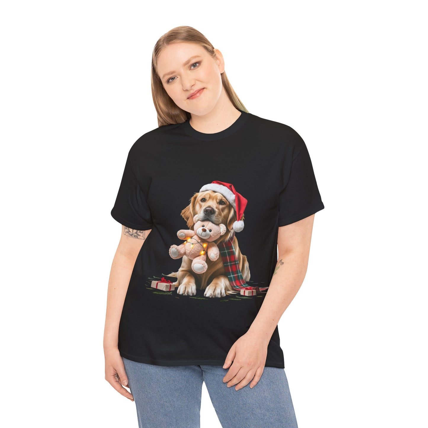 Christmas Puppy T‑Shirt — Dog in Santa Hat Hugging Teddy Holiday Tee