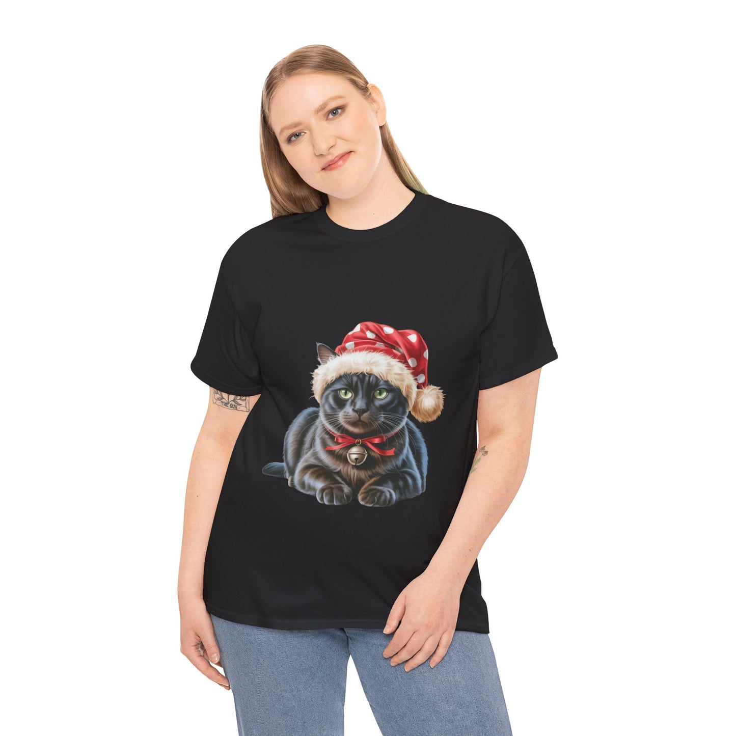 Black Cat in Santa Hat T-Shirt — Cute Christmas Black Cat Holiday Tee
