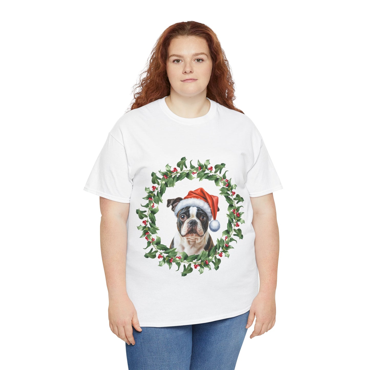 Boston Terrier Christmas wreath T-Shirt – Holiday Dog Lover Tee, Festive Small Dog Shirt, Cute Boston Terrier Xmas Gift, Pet Lover Apparel, Holiday Puppy Shirt for Boston Terrier Lovers
