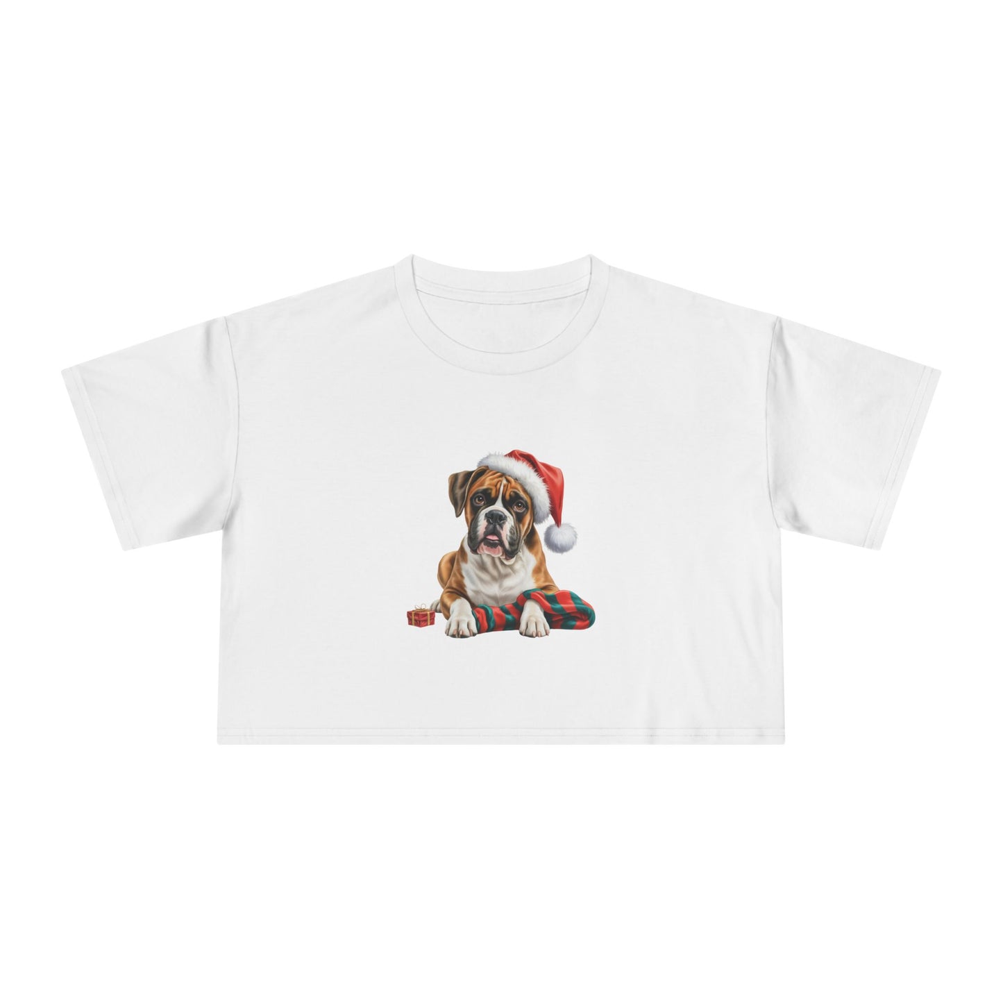 Christmas Boxer Crop Tee — Boxer dog in Santa Hat Holiday Top