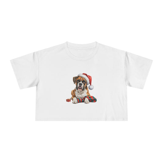 Christmas Boxer Crop Tee — Boxer dog in Santa Hat Holiday Top