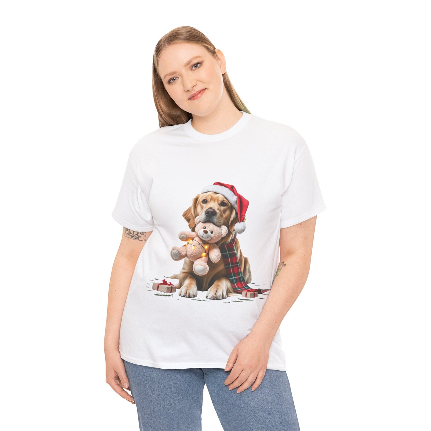 Christmas Puppy T‑Shirt — Dog in Santa Hat Hugging Teddy Holiday Tee