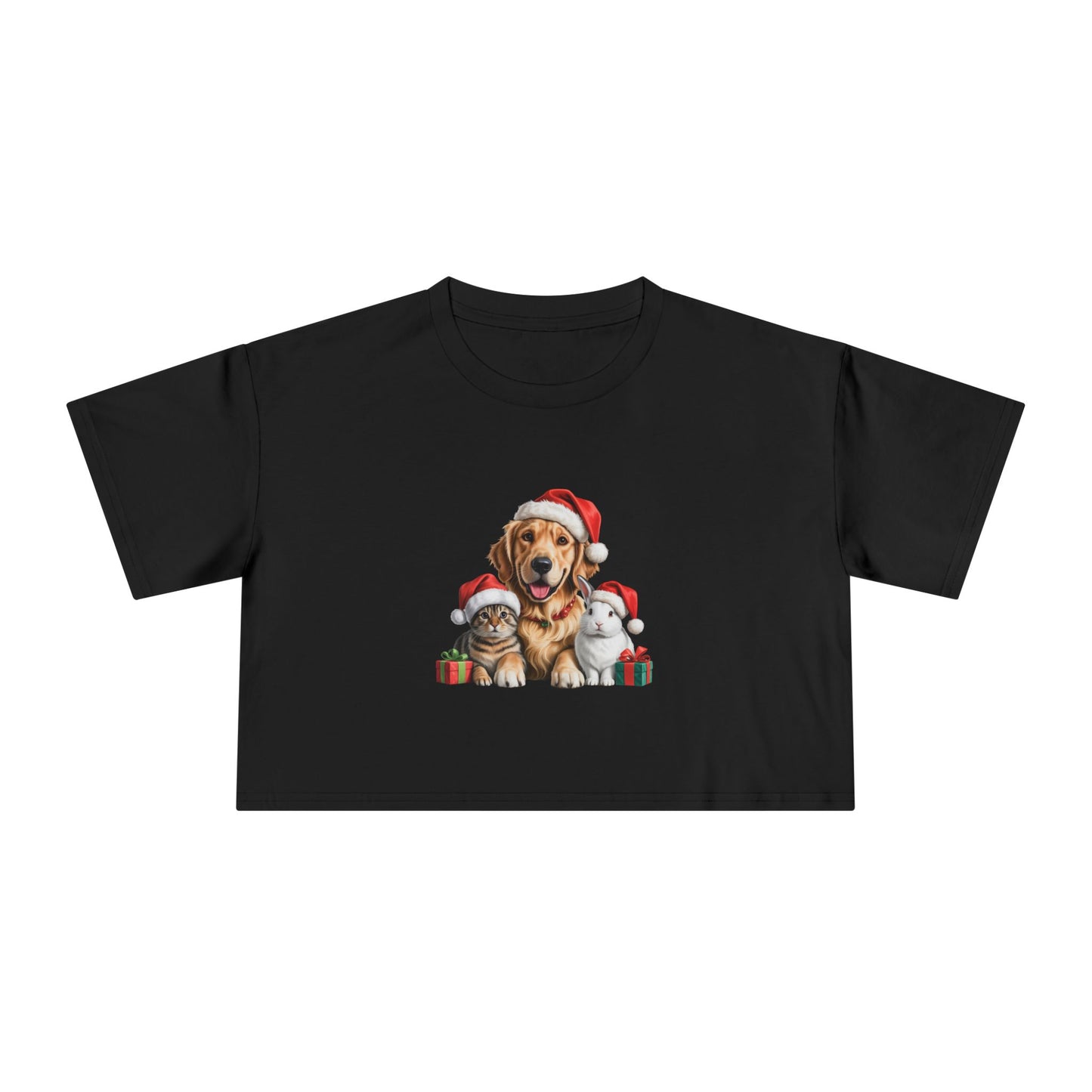 Christmas Furry Friends Crop Tee — Festive Golden Retriever, Cat and Rabbit with Santa Hats
