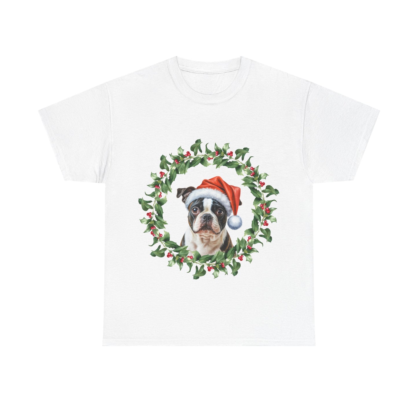 Boston Terrier Christmas wreath T-Shirt – Holiday Dog Lover Tee, Festive Small Dog Shirt, Cute Boston Terrier Xmas Gift, Pet Lover Apparel, Holiday Puppy Shirt for Boston Terrier Lovers