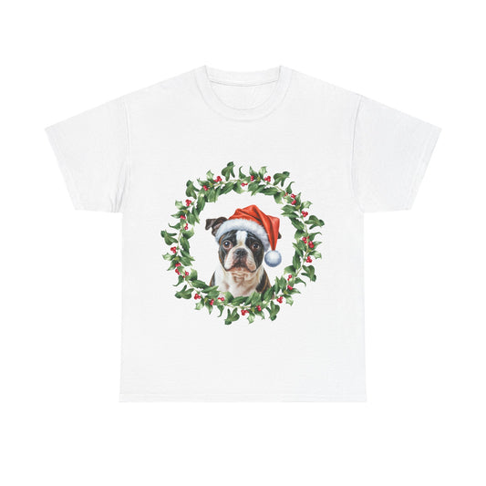 Boston Terrier Christmas wreath T-Shirt – Holiday Dog Lover Tee, Festive Small Dog Shirt, Cute Boston Terrier Xmas Gift, Pet Lover Apparel, Holiday Puppy Shirt for Boston Terrier Lovers