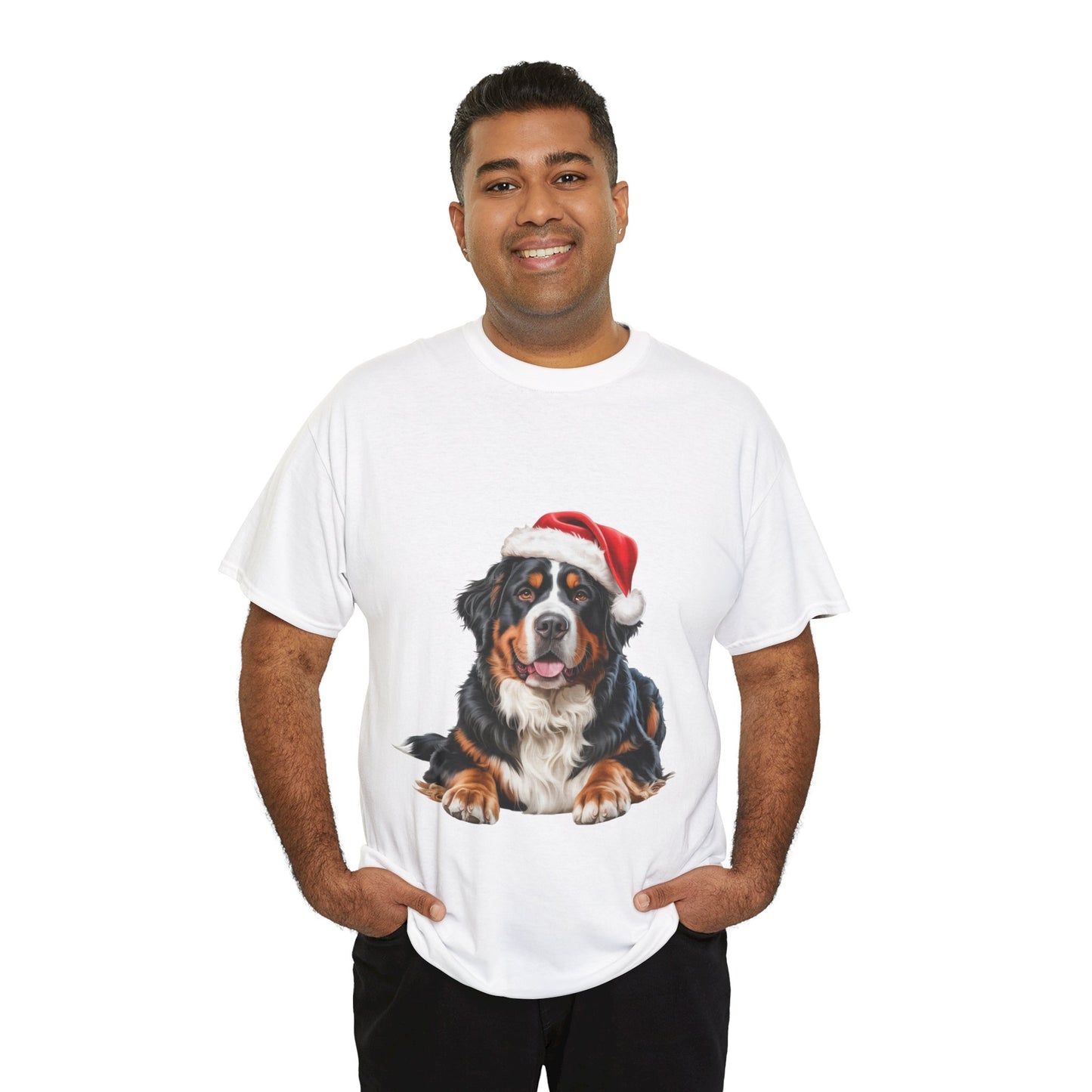 Custom Bernese Mountain Dog in Christmas hat.