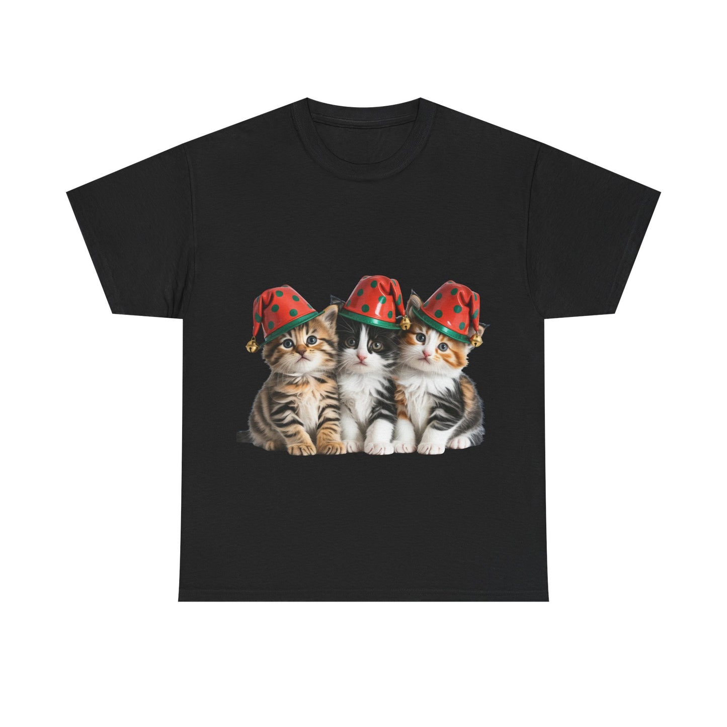 Cat Trio Christmas Tee — Cute Kittens in Santa Hats Holiday T-Shirt