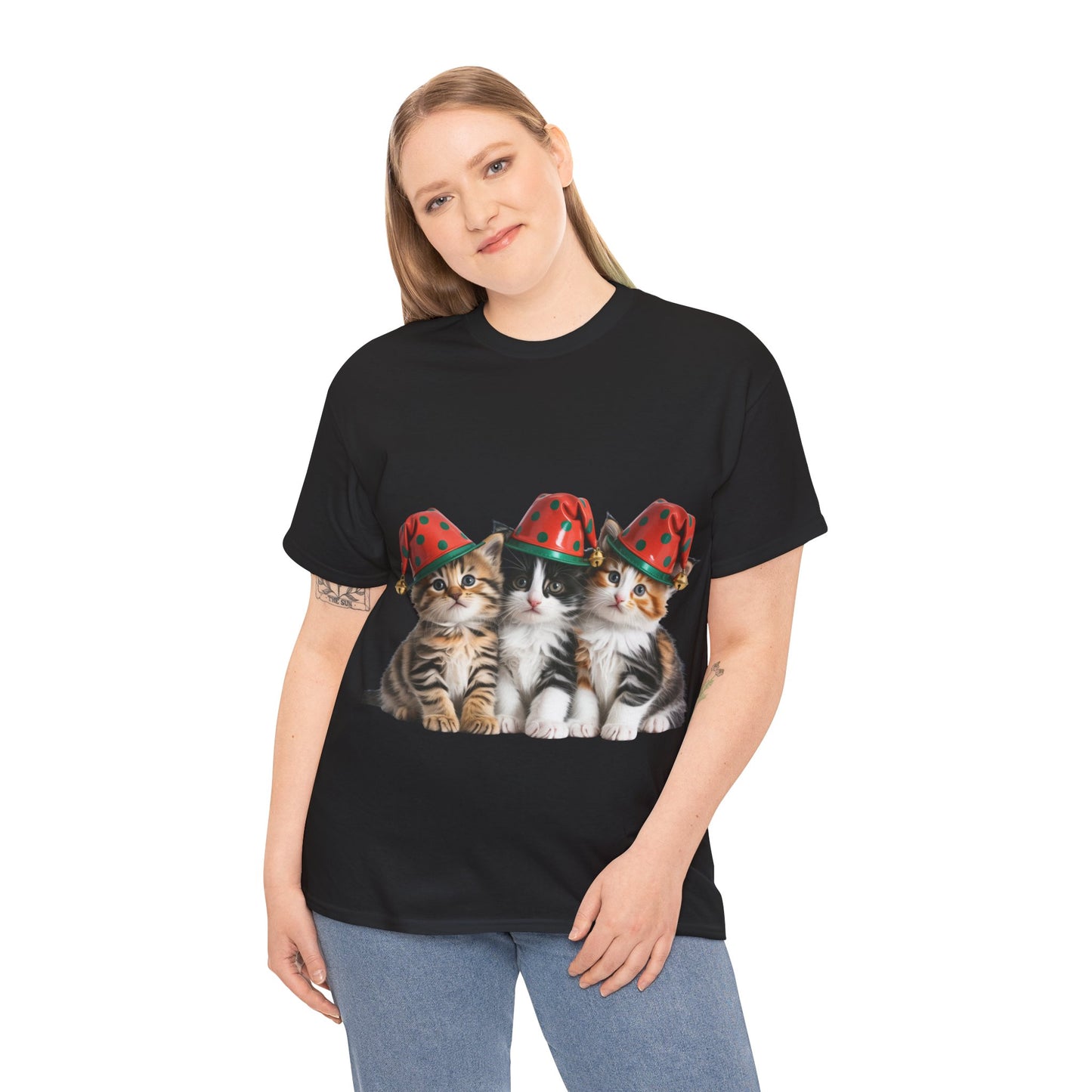 Cat Trio Christmas Tee — Cute Kittens in Santa Hats Holiday T-Shirt