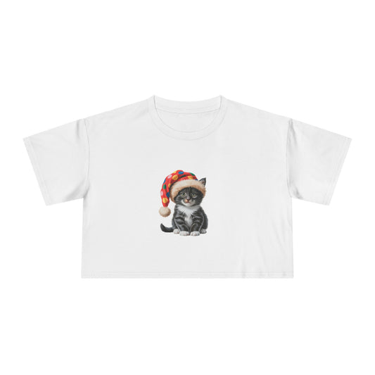 Cat in Santa Hat Crop Tee — Cute Holiday Kitten Graphic Top