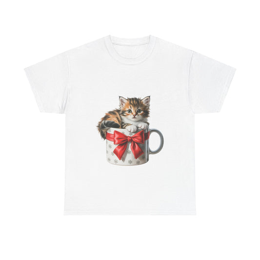 Kitten in a Gift Mug T-Shirt — Cute Cat Christmas Tee with Red Bow