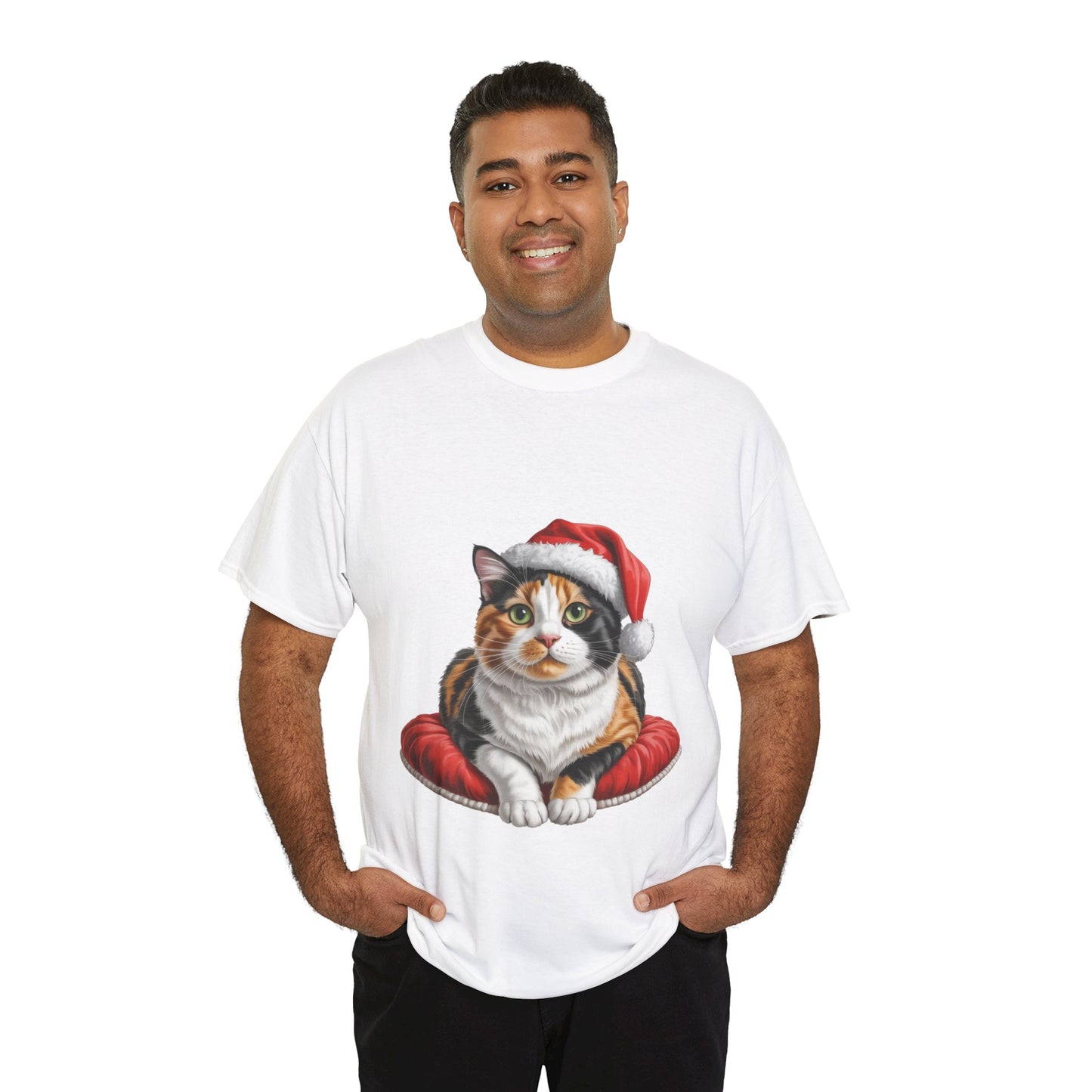 Calico cat on a cushion Christmas T-Shirt, Festive calico Cat Christmas Tee, Cute Pet Lover Shirt, Holiday Apparel, Great Gift for Pet Owners