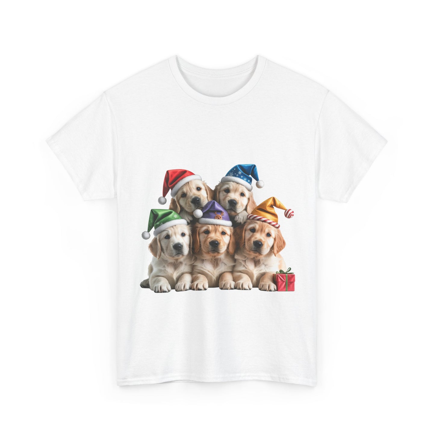 Christmas Puppies T-Shirt — Cute Golden Retriever Puppies in Santa Hats Holiday Tee