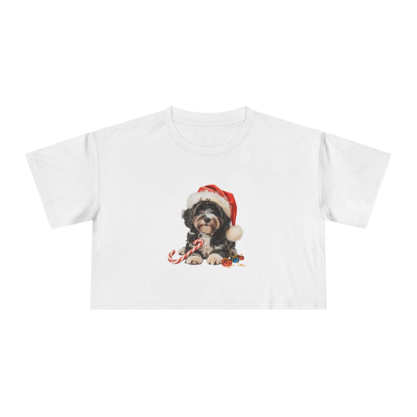 Christmas Black Cavoodle Women's Crop Tee - Santa Hat Dog Holiday Top