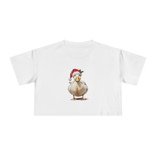 Christmas Duck Crop Tee — Cute Holiday Duck in Santa Hat Women's Crop Top