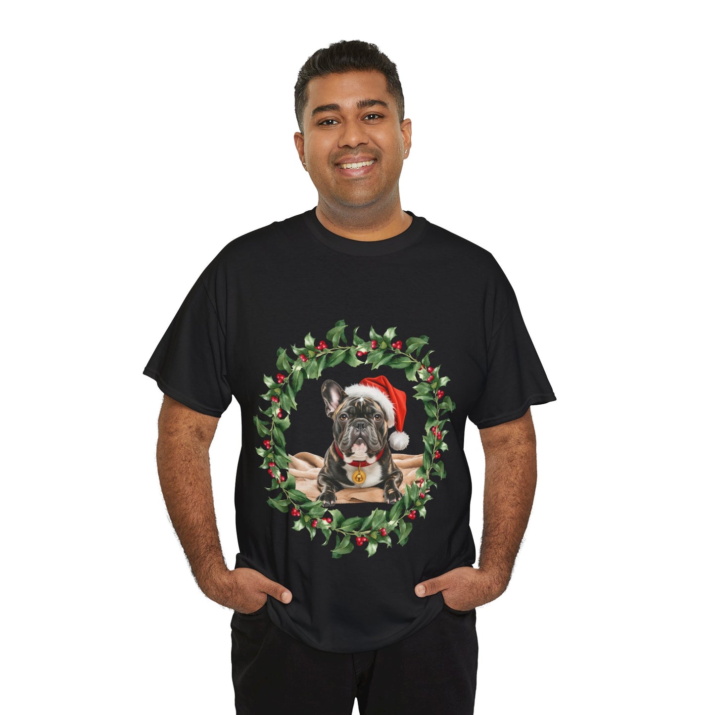 French Bulldog Christmas wreath T-Shirt, Festive Frenchie Dog Christmas Tee, Cute Pet Lover Shirt, Holiday Apparel, Great Gift for Dog Owners