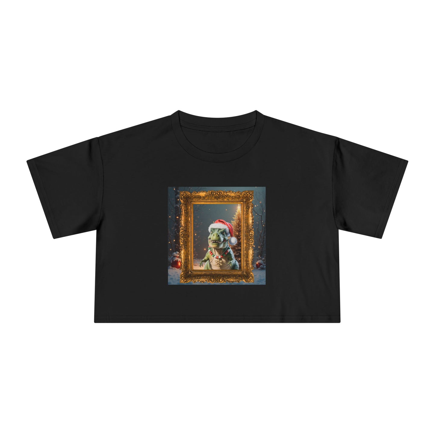 Holiday Dinosaur Portrait Crop Tee — Cute Dinosaur in Santa Hat Graphic