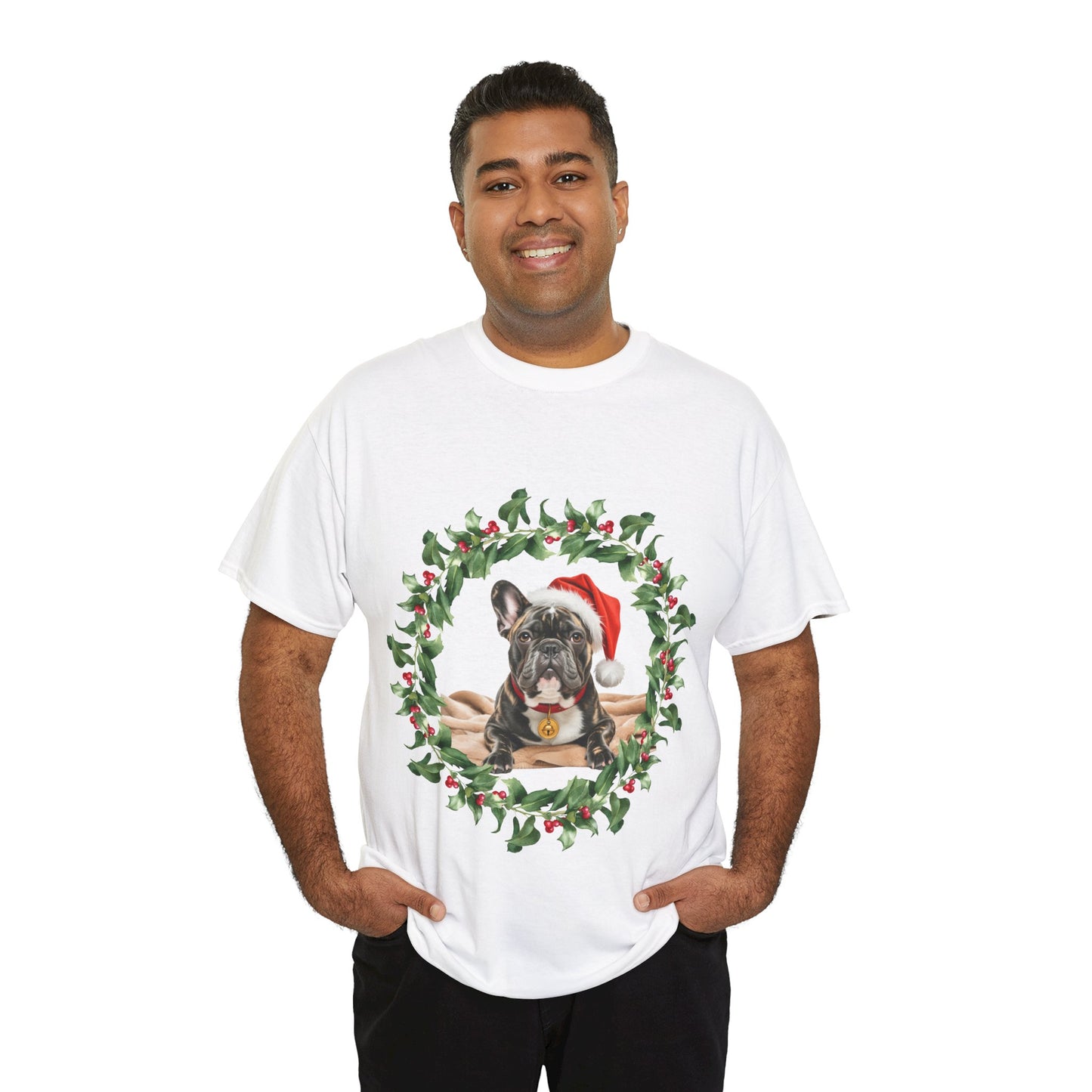 French Bulldog Christmas wreath T-Shirt, Festive Frenchie Dog Christmas Tee, Cute Pet Lover Shirt, Holiday Apparel, Great Gift for Dog Owners