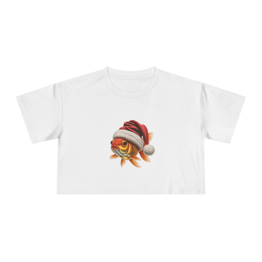 Santa Hat Goldfish Crop Tee — Cute Holiday Fish Graphic Top
