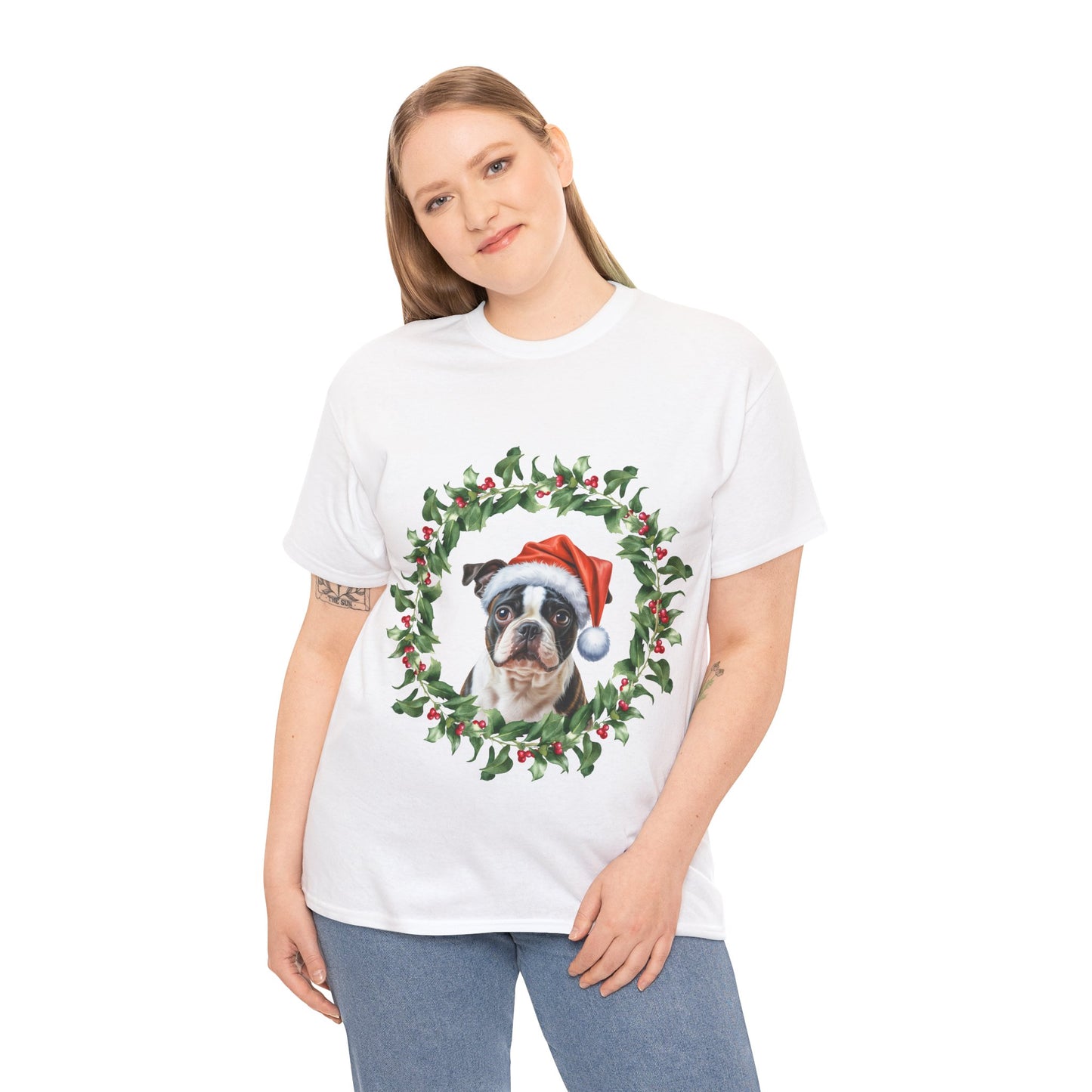 Boston Terrier Christmas wreath T-Shirt – Holiday Dog Lover Tee, Festive Small Dog Shirt, Cute Boston Terrier Xmas Gift, Pet Lover Apparel, Holiday Puppy Shirt for Boston Terrier Lovers